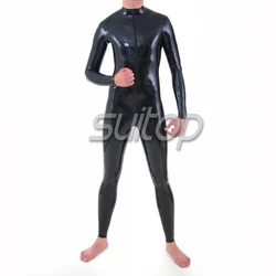 Nature rubber latex classical catsuit for man with front zip in 0.4 mm black