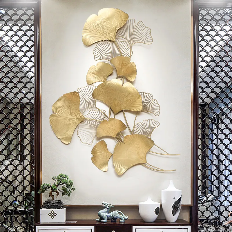 Modern Luxury Wrought Iron Ginkgo Leaf Pendant Crafts Wall Decoration 3D Wall Stickers Porch Background Metal Mural Accessories