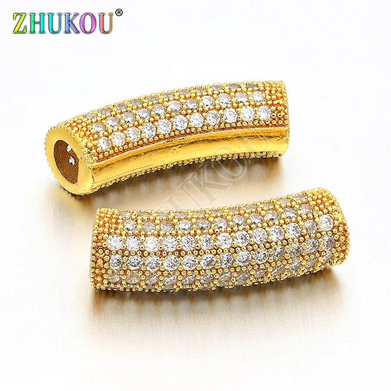 7*24mm Brass Cubic Zirconia Curved Tube Spacer Beads for DIY Jewelry Bracelet Necklace Making, Hole: 4mm, Model: VW6