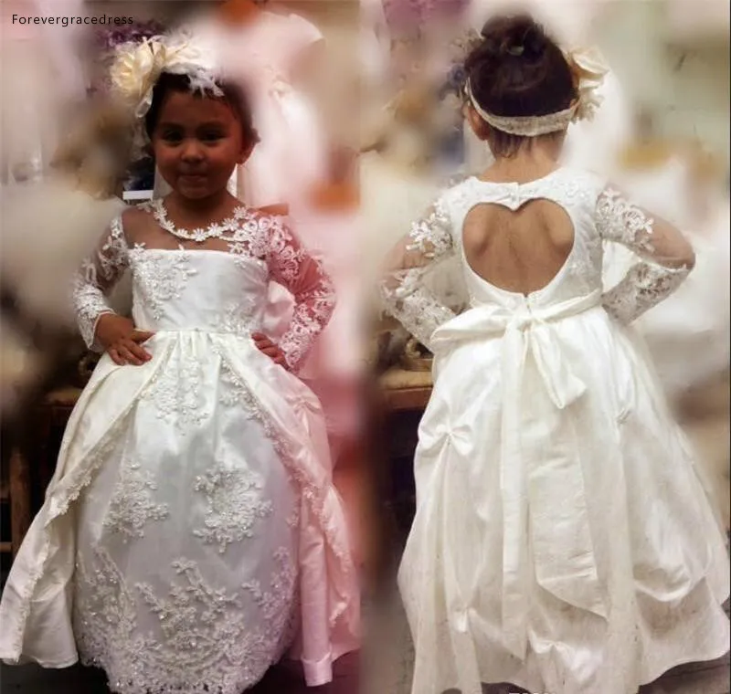 White Lovely Cute Flower Girls Dresses Princess Appliqued Long Sleeves Toddler Pretty Kids Formal First Holy Communion Gowns