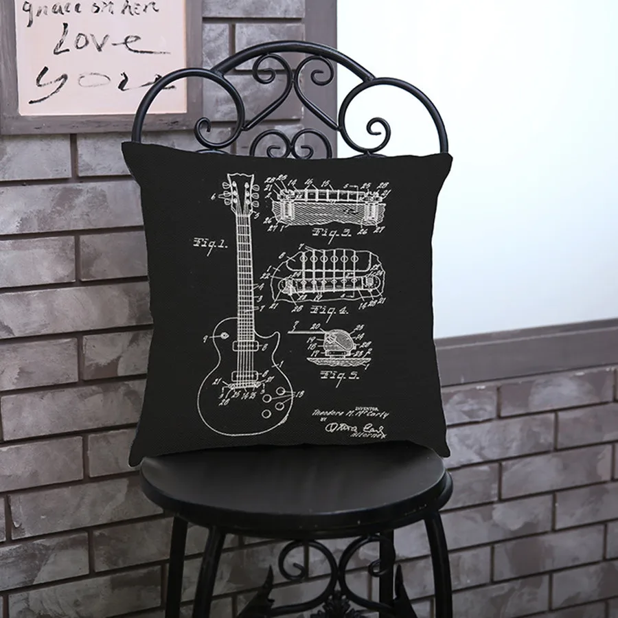 Simplism Style Design Black White Cushion Cover Sketch Bicycle Guitar Vintage Motorbike Print Home Decor Sofa Throw Pillow Case