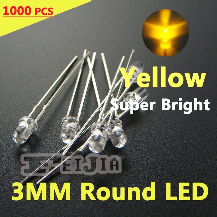 

1000pcs/lot 3mm Yellow Round LED Diode Lndicator lights Super bright [Yellow] IV:4000-5000MCD DC1.9-2.1V Free Shipping