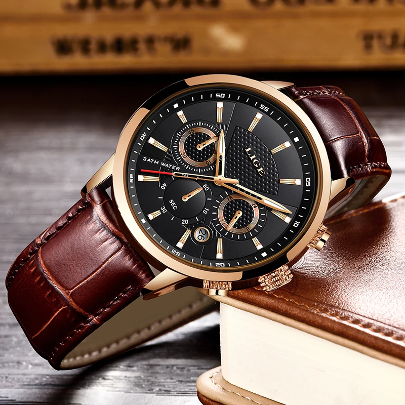 LIGE Mens Watches Top Brand Luxury Leather Casual Quartz Watch Men Military Sport Waterproof Clock Gold Watch Relogio Masculino