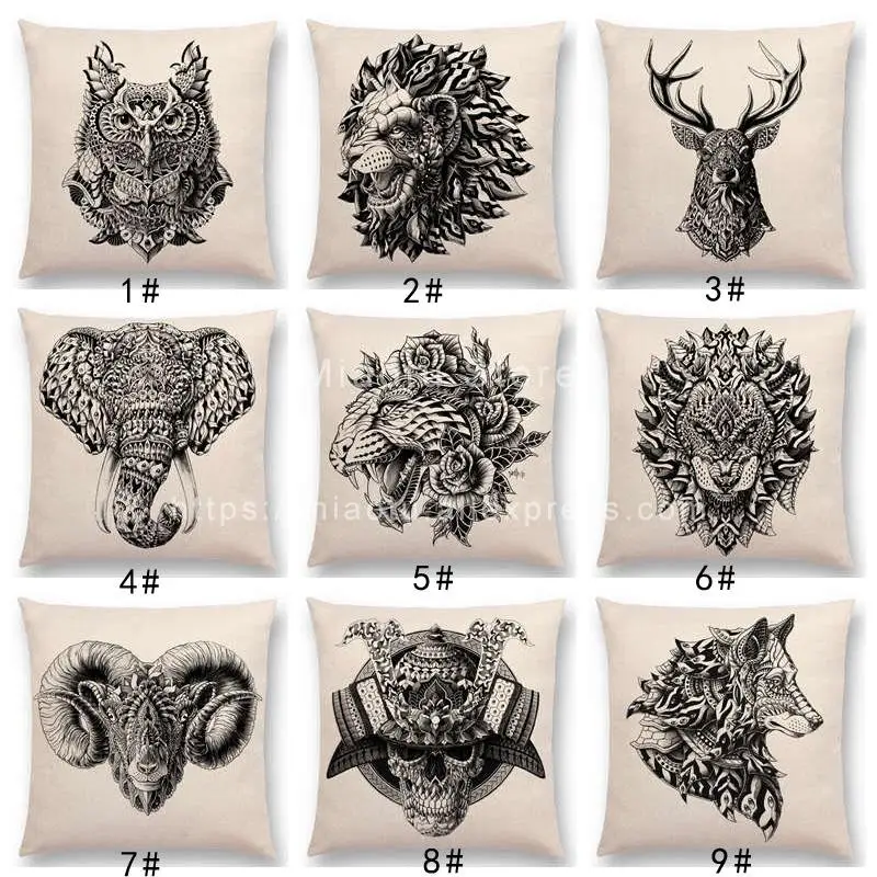 New Brave Animals Totems Prints Cushion Cover Buck Owl Tiger Lion Ram Wolf  Sofa Throw Pillow Case