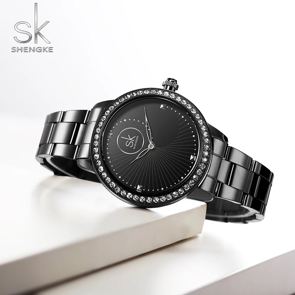 Shengke pulseira relógio para mulher japonês quartzo à prova dwaterproof água relogio feminino luxo strass todo preto reloj mujer 2022