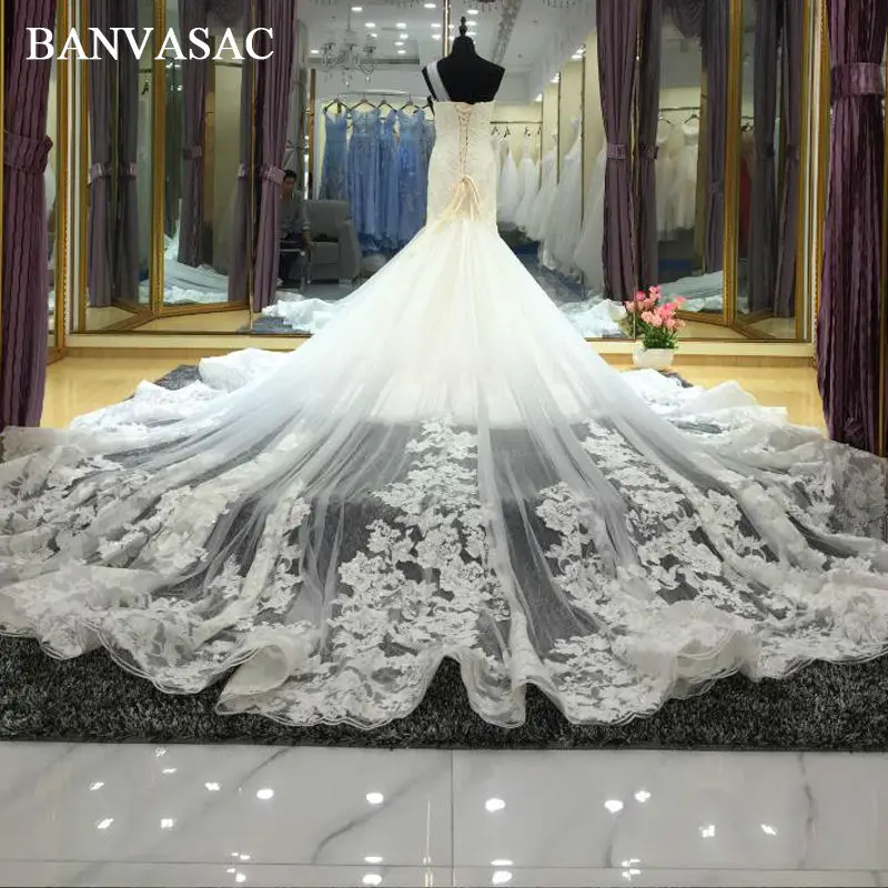 BANVASAC 2017 New Mermaid Elegant Flowers Sweetheart Wedding Dresses Embroidery Sleeveless Satin Chapel Train Bridal Gowns