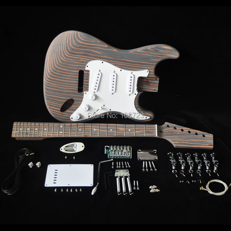 DIY Electric Guitar Kit with Zebrawood Body Zebra Wood Neck and Fingerboard 22 Fret S S S Pickups Builder Kits