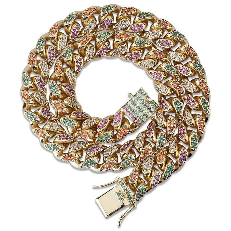 14mm AAA Zircon Multicolor Miami Cuban Link Chain Necklace Men Hip Hop Bling Iced Out Rhinestones CZ Rapper Necklaces Jewelry