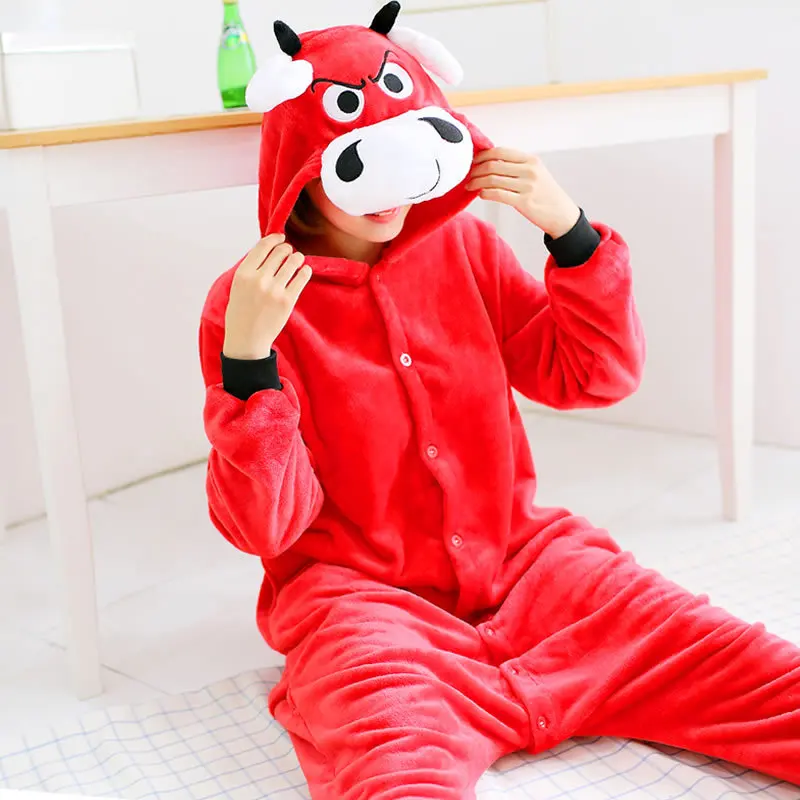 Animal Bull Cosplay Pajamas Flannel Women Men Winter Pyjama Jumpsuit Sleepwear Party Dress Animal Onesies Halloween Costumes