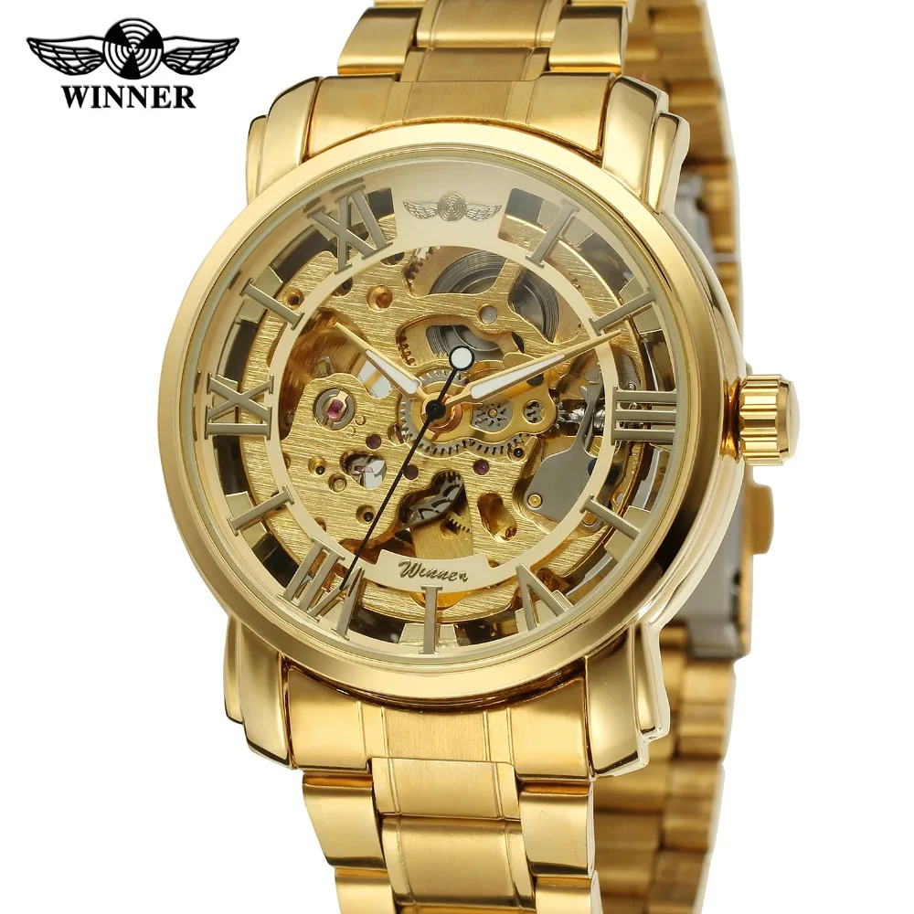 WINNER Men Top Brand Full Golden Classic Stainless Steel Bracelet  Automatic Mechanical Skeleton Military Wrist Watch Whole Sale