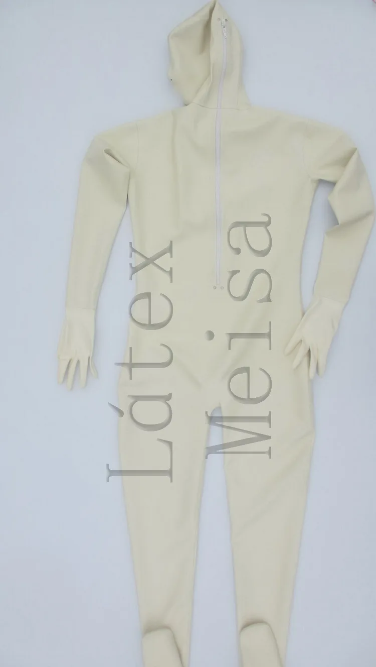 Full cover latex Zentai made of 0.6mm thickness heavy natural latex materials and with back zip in milk white color for men