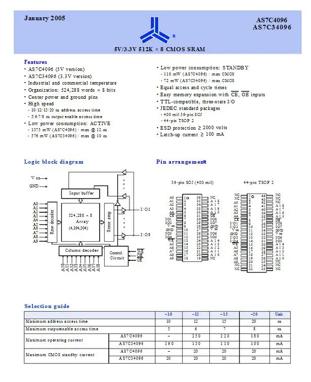 شحن مجاني AS7C34096-20JC AS7C34096 20JC SOJ36 3.3V 512K X8 CMOS SRAM