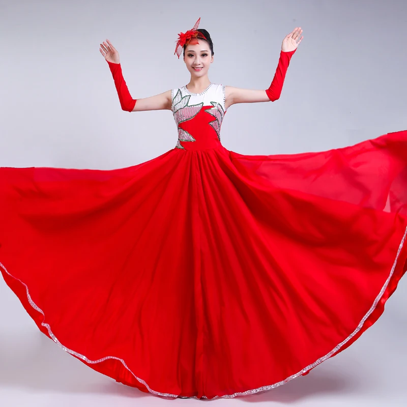 Red Long Full-skirt Opening Dance Big Swing Dress Spanish Bullfight Performance Dance Costume Stage Sequin Dancing Costume H589