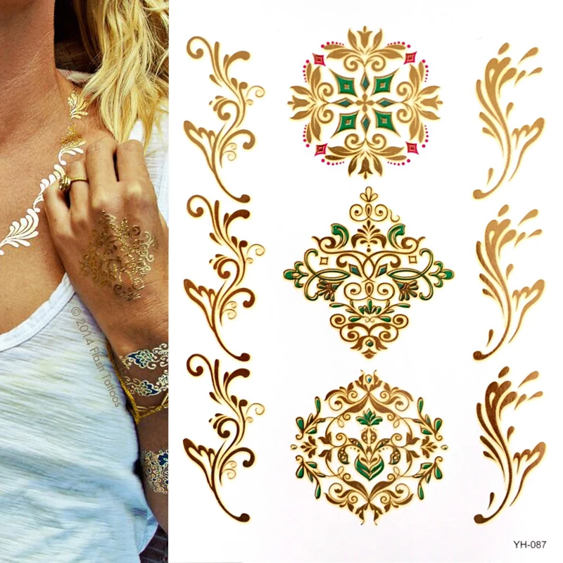 Tatuajes de Henna metálicos bohemios temporales-más de 120 diseños de Mandala Mehndi en oro y plata (1 hoja)