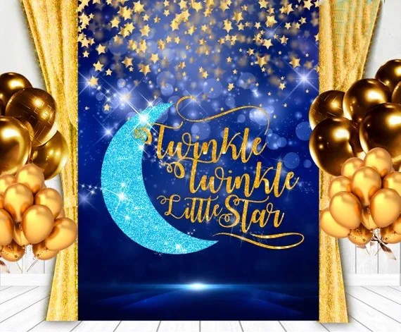 

Twinkle Twinkle Little Gold Stars crescent moon sparkly blue bokeh background Computer print party backdrops