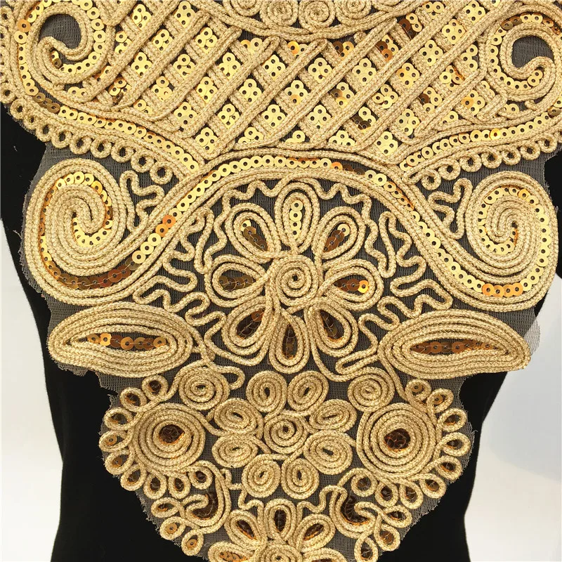 1pcs Craft Gold Neckline collar Venise Sequin Floral Embroidered Applique Trim Decorated Lace Neckline Collar Sewing Accessories