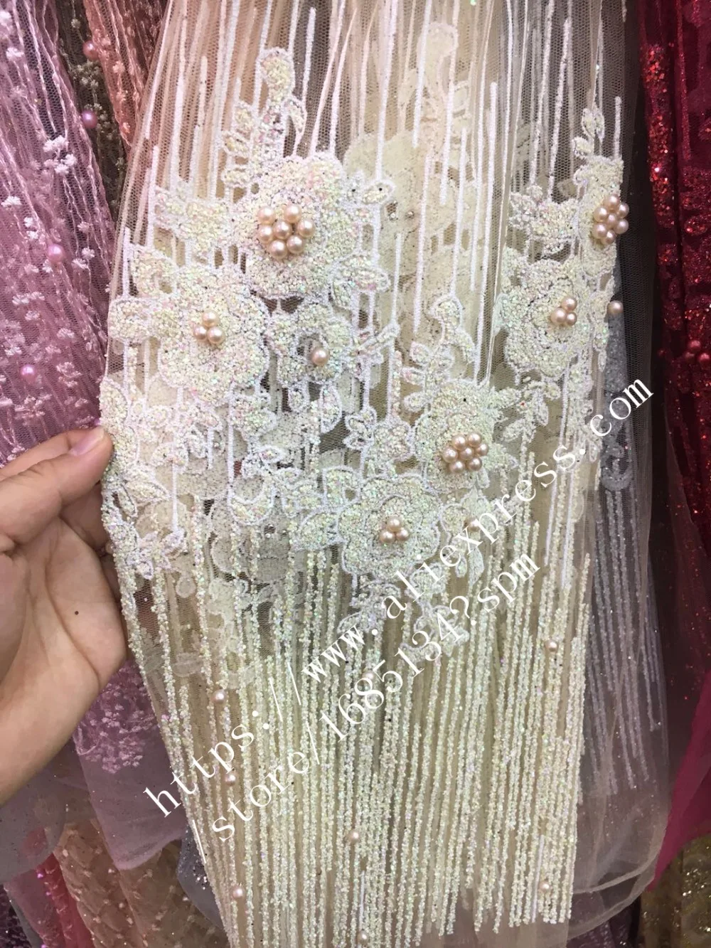 

Wholesale glued glitter lace fabric with beads best quality latest french net embroidered lace fabric for wedding dress H-1524