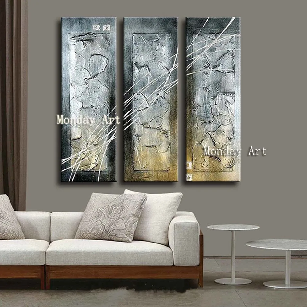 Home Decoration 3 Piece/set 100% Hand Painted Thick black silver abstract Canvas Oil Painting Wall Art Pictures for Living Room