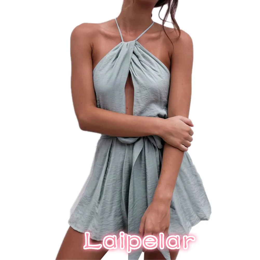 Sexy Halter Neck Playsuit Ruffles Short Jumpsuit Women Elegant Backless Rompers  Boho Beach Playsuit Top Back Cross Jumpsuit