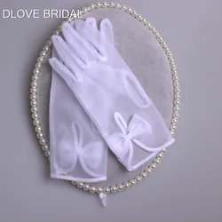 Kurze Einfache Hochzeit Braut Handschuhe mit Bogen Günstige Hohe Qualität Illusion Tüll Handgelenk Länge Voll Finger Weiß Elfenbein