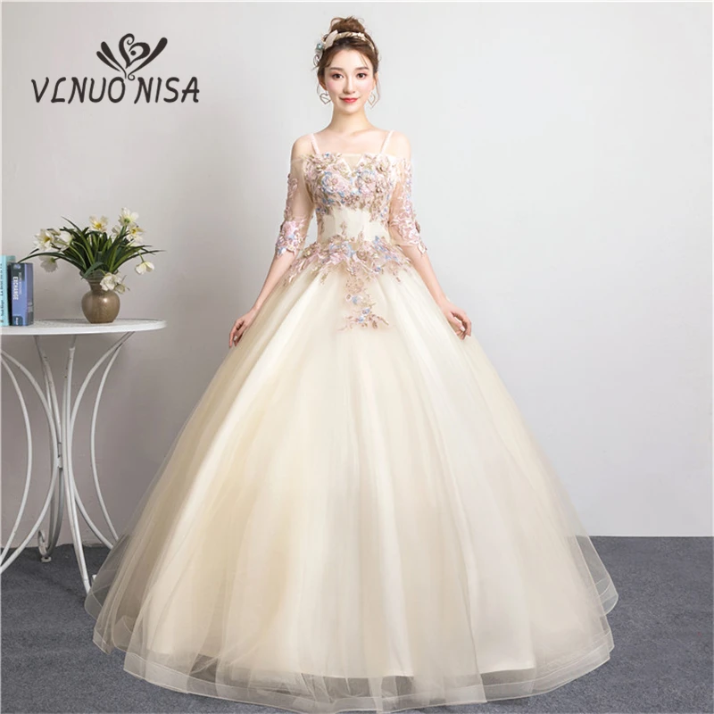 

Champagne Ball Gown Embroidery Applique Pearls Long Evening Dress Party Prom Solo Performance Host Dress Robe De Soiree 40