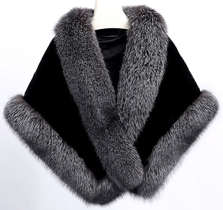 real mink fur cape large V-neck full pelt genuine mink fur Large natural Fox fur trim Women winter warm black red  fur stoleV213