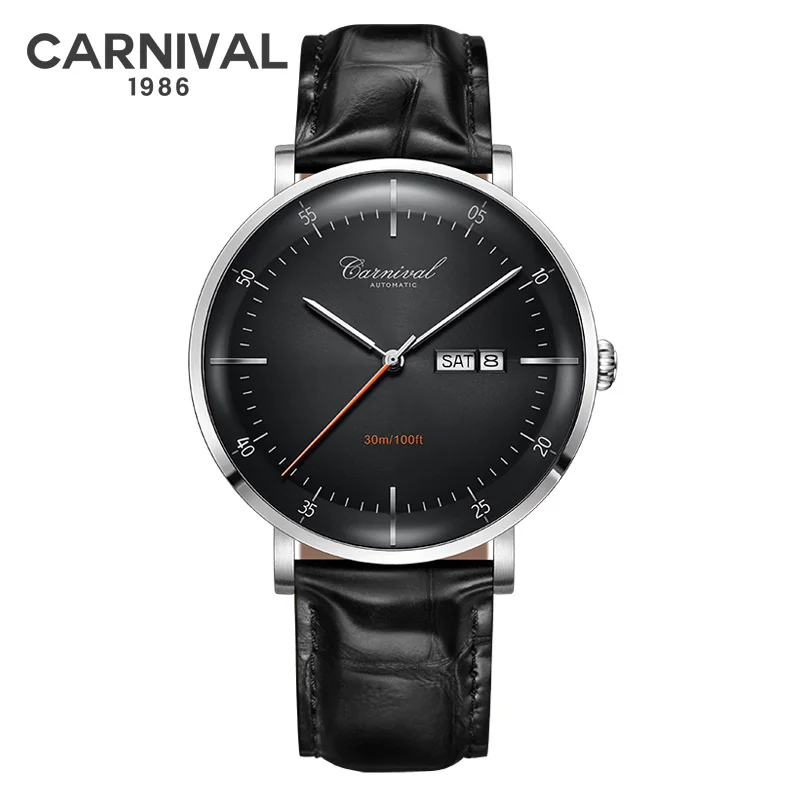 CARNAVAL Hoge kwaliteit MIYOTA automatisch horloge gebogen saffier mechanische horloges voor heren kalender leer waterdicht Montre Homme