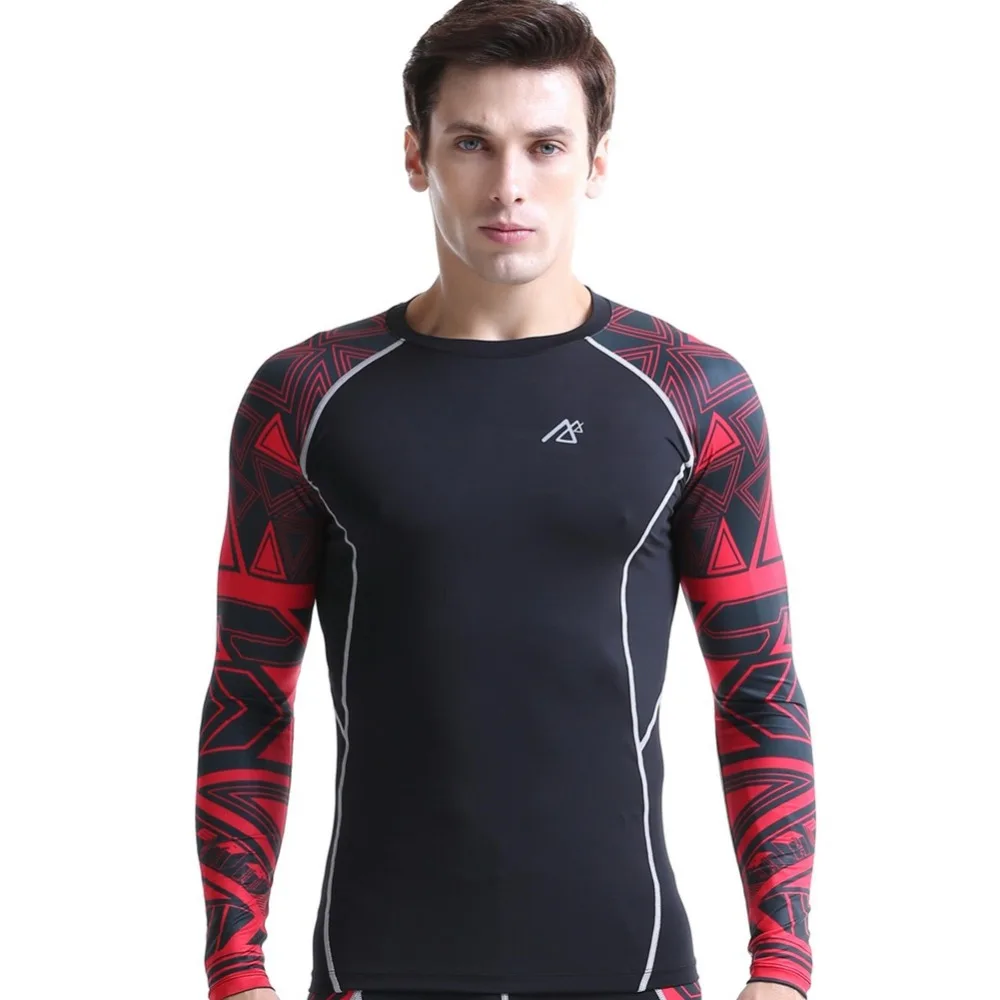 Men`s Double Sleeves Printed Fitness Bodybuilding Compression Base Layer Tights Training Workout Crossfit Running Shirts