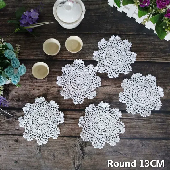 13CM Round Modern White Crochet Lace Placemats Christmas Glass Table Dinner Dining Mat Cloth Doily Cotton Pad Weding Napkins