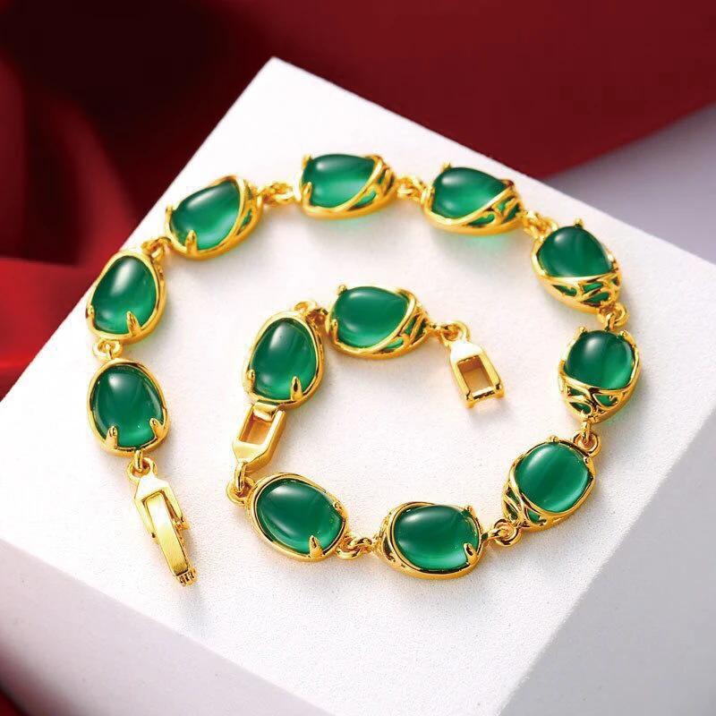 MxGxFam ( 18 cm + 3 cm ) Blood-Red / Green Water Stone Bracelet For Women Original Designs Fashion Jewelry 24 k Pure Gold Color