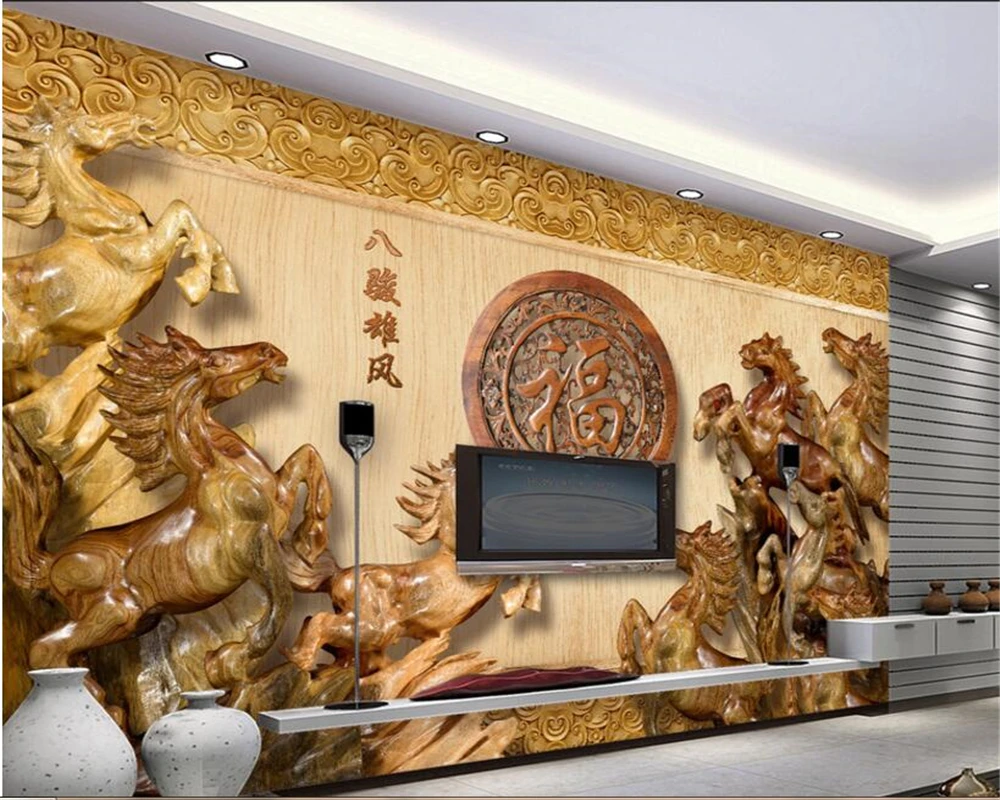 beibehang Custom Mural Wallpaper 3D Eight Horse Wood carvings  Background Decorative 3D Wallpaper papel de parede 3d wall paper