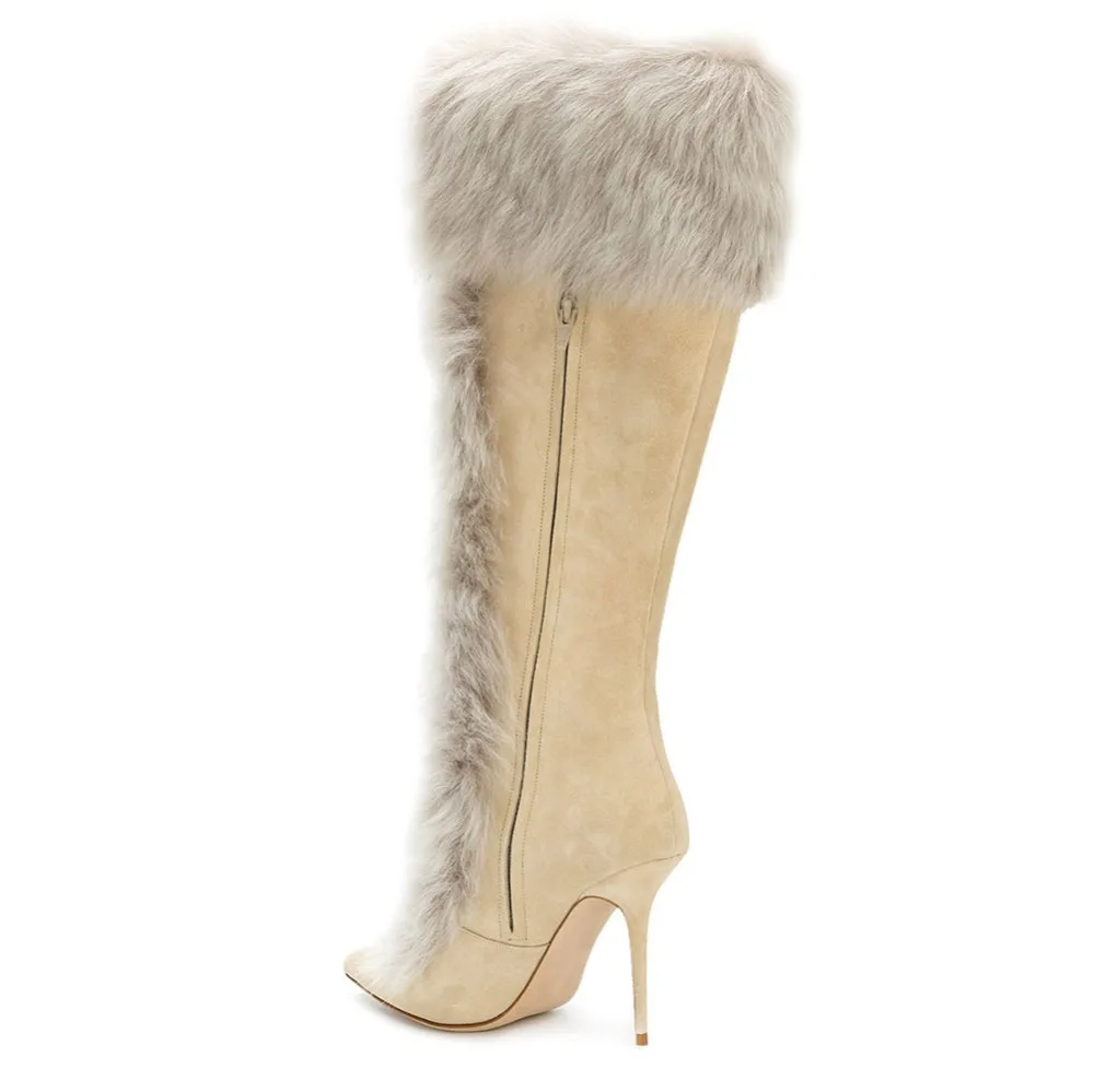 Women Tan Faux Suede High Heel Knee High Shearling Boots Pointy Toe Zipper Long Boots Beige Stilettos Ladies Winter Shoes 2021