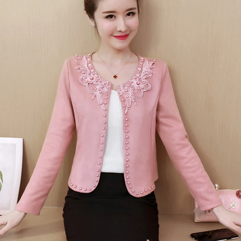 

Spring Autumn Short Jacket Women Basic Jackets Beading Womens Thin Coats Long Sleeve Embroidery Outwear New