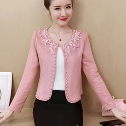 Spring Autumn Short Jacket Women Basic Jackets Beading Womens Thin Coats Long Sleeve Embroidery Outwear New