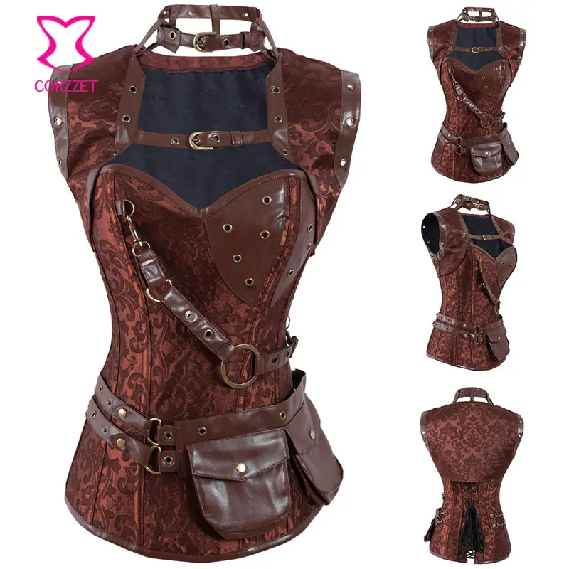 Vintage Brown Steel Boned Waist Slimming Corsets And Bustiers Gothic Corset Steampunk Clothing Women Plus Size Burlesque Costume