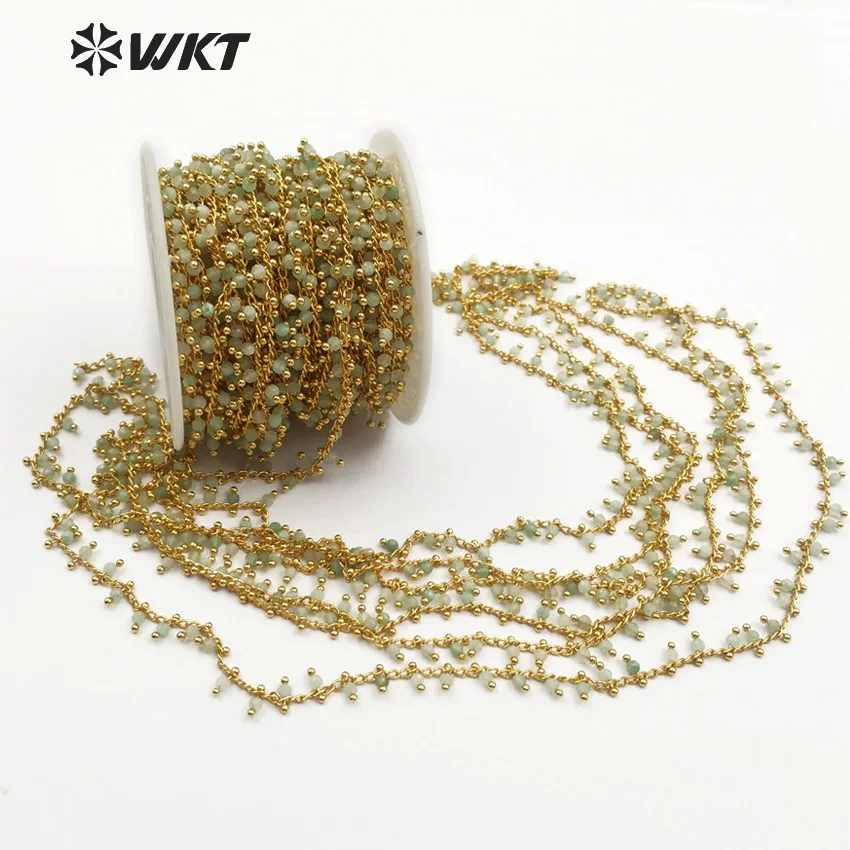 

WT-RBC084 WKT Light green 3mm round stone bead with gold metal plated wire wrapped wholesale bulk rosary chain