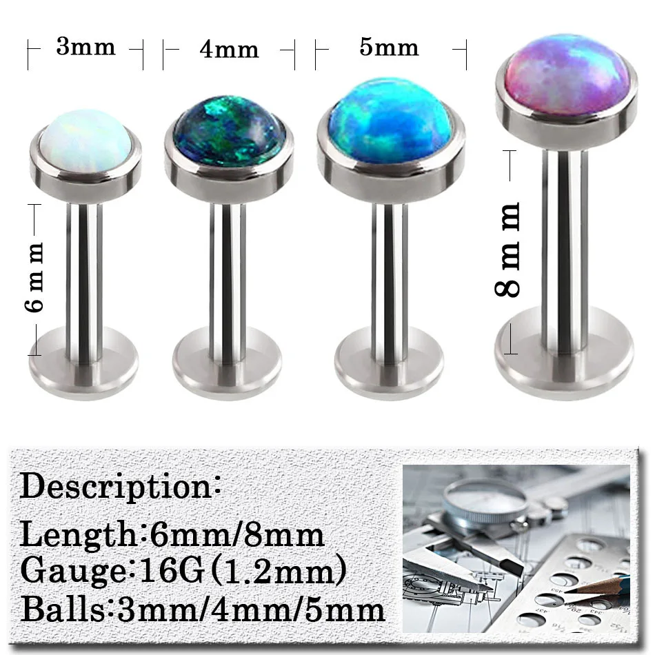 Hot Opal Lip Piercing Ear Jewelry G23 Titanium 9 Color Choice 20 Gauge 1.2x6x3/4/5mm Ball Piercing Labret labio Men Body Jewelry