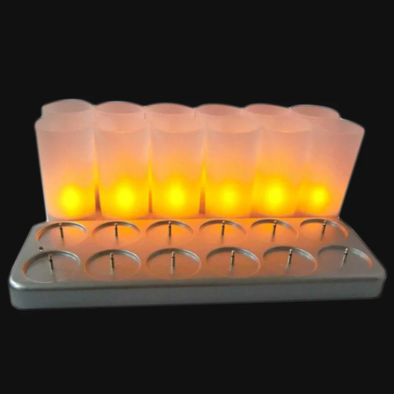 مجموعة من 12 LED قابلة للشحن عديمة اللهب TeaLight شمعة كهربائية نذري Waxless آمنة الدافئة المنزل الزفاف الكنيسة بار الجدول ديكور-العنبر