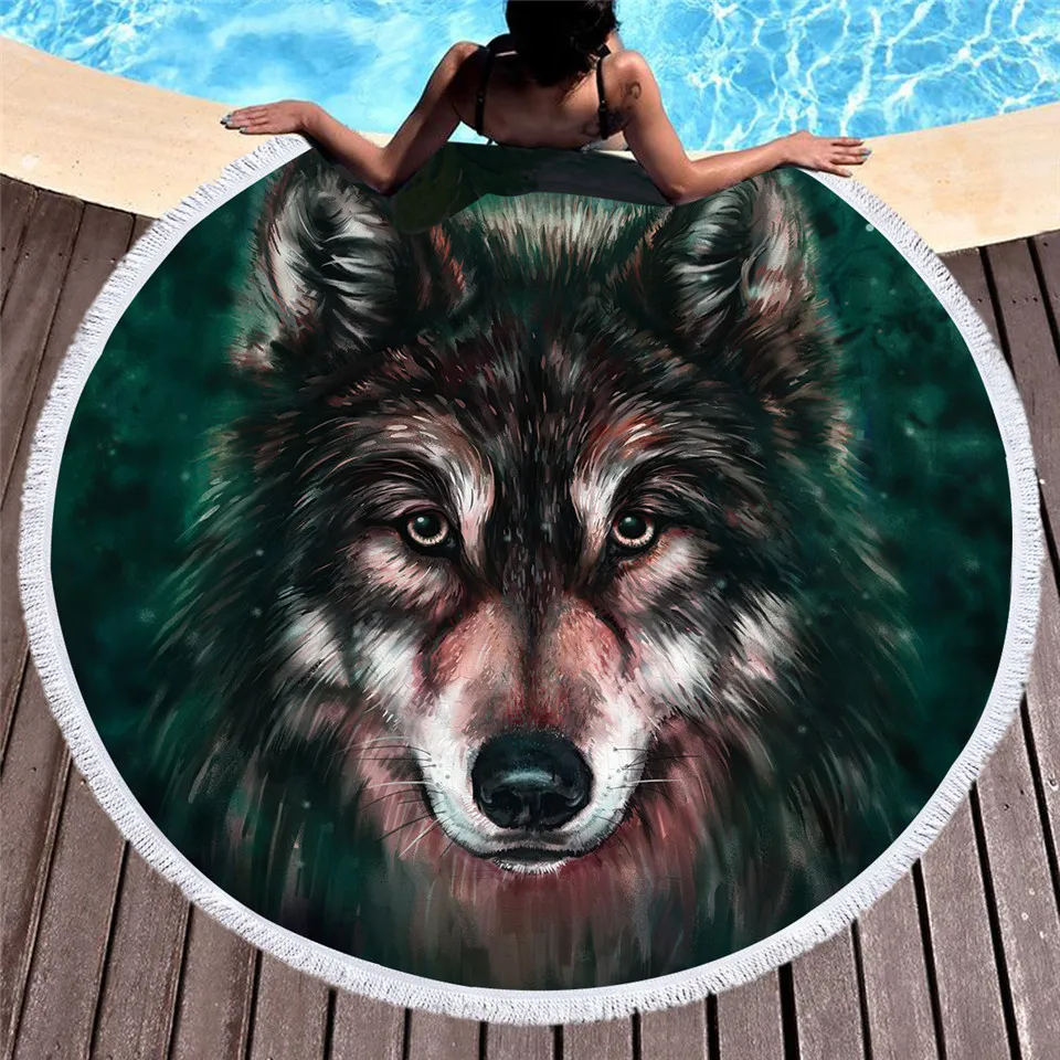 Yoga Blanket Mattress Wolf 150cm Round Microfiber Beach Cover Ups Plage Tassel Towels Bath Shawl Thick Picnic Playa Mat Tapestry