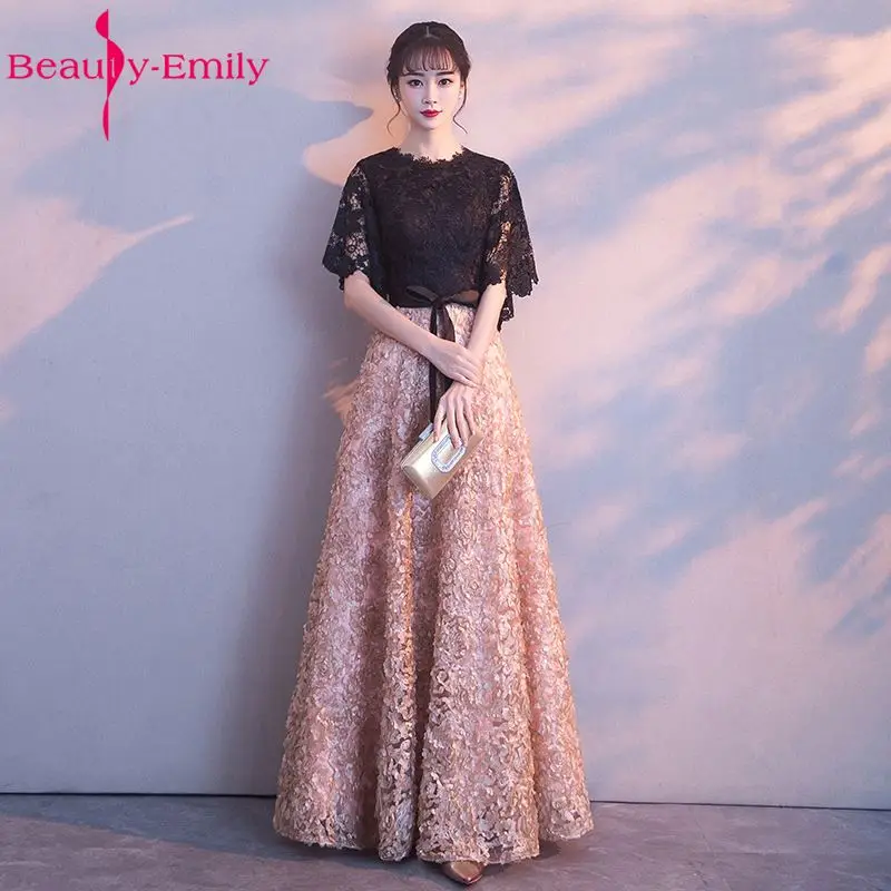 Beauty Emily-Vestidos de Noche largos de encaje negro, ropa Formal para fiestas, ocasiones de graduación, línea A, Media manga, 2019