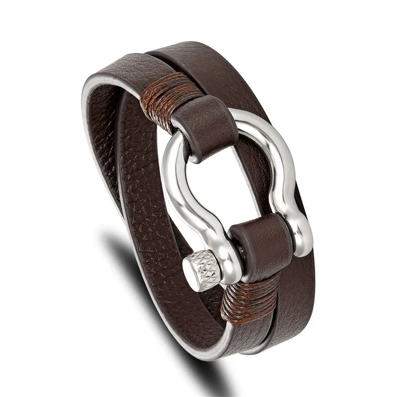 MKENDN New Fashion Stainless Steel Shackle Buckle Leather Survival Bracelet Men Surf Nautical Sailor Surfer Wristband Jewelry