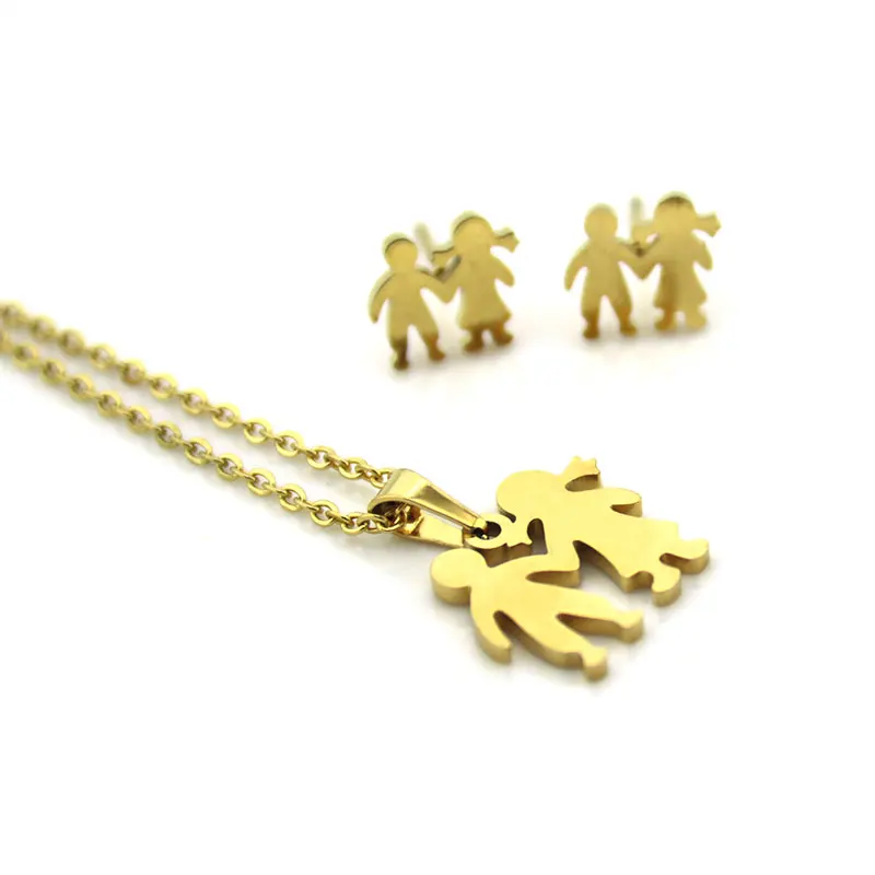 1 Set Golden Stainless Steel Girl And Boy Hand in Hand Jewelry Sets Charms Love Earrings Necklace Women Girls Couple Gift