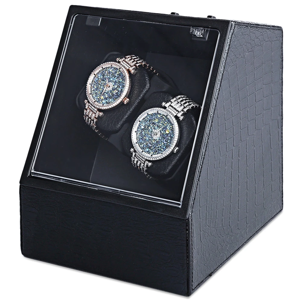 

Leather Auto Silent Watch Winder Irregular Shape Transparent Cover Wristwatch Box with EU Plug