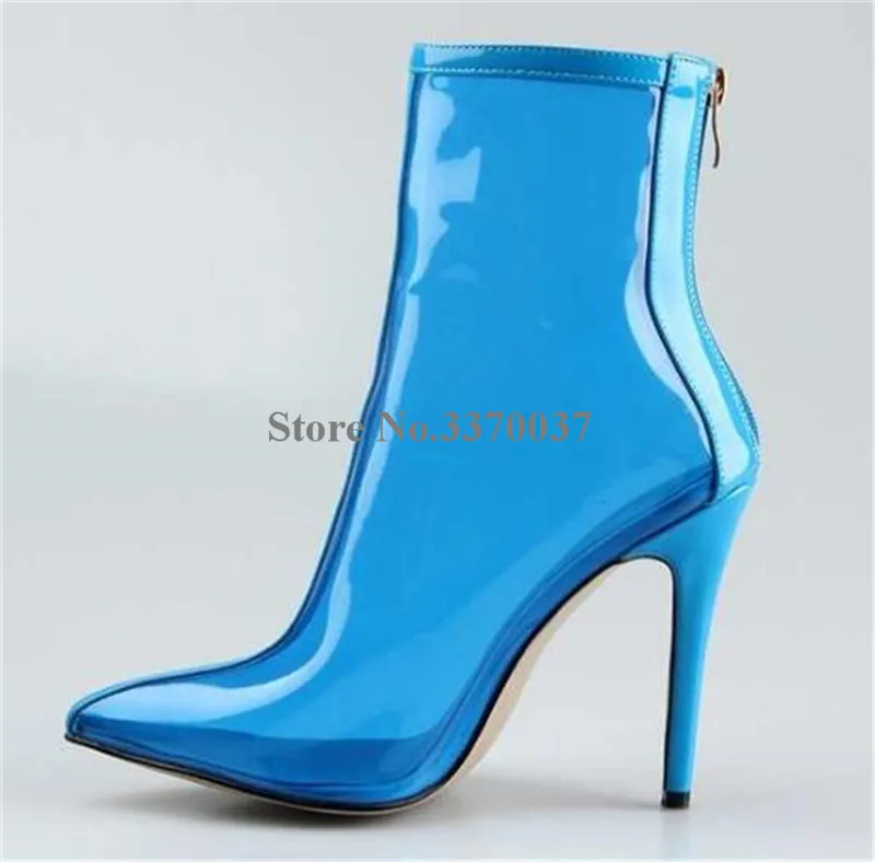 2018 New Fashion Women Sexy Pointed Toe Transparent PVC Thin Heel Short Boots Back Zipper-up Blue Perspective Ankle Booties