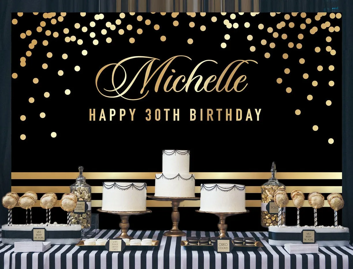 custom black and gold polka dot happy birthday backdrops  High quality Computer print party background