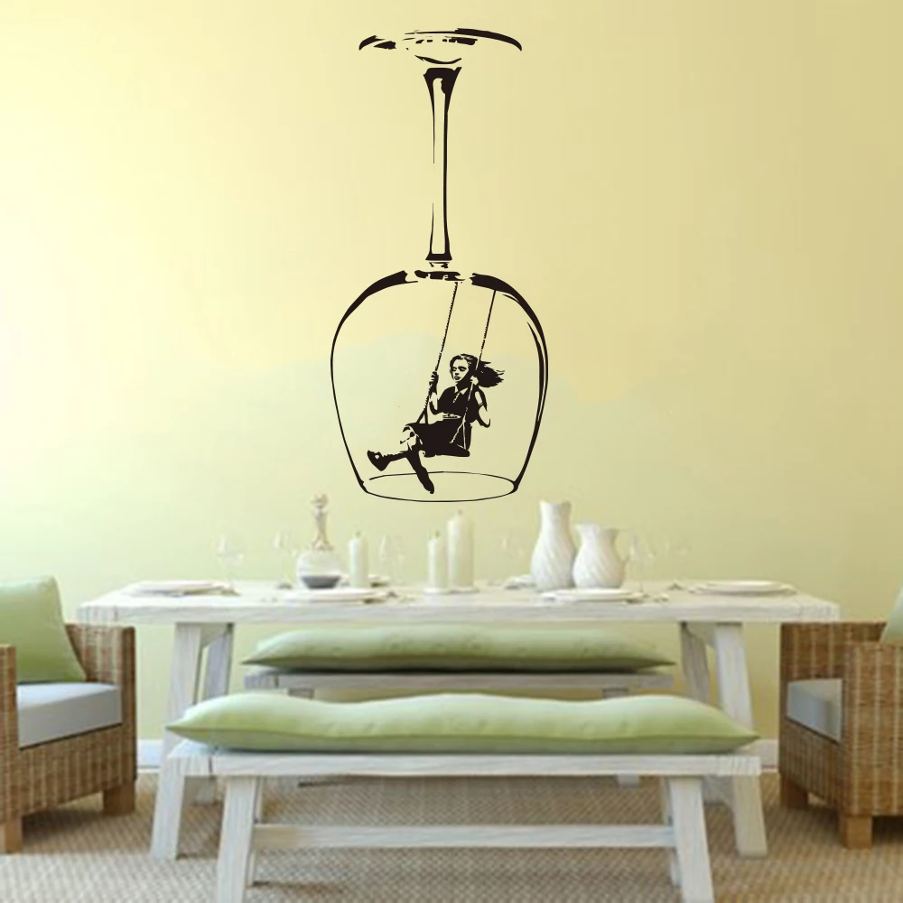 Banksy Swinging Girl Wine Glass Wall Sticker Kitchen Dining Room Graffitti Street Culture Banksy Wall Decal Cooking Vinyl Decor