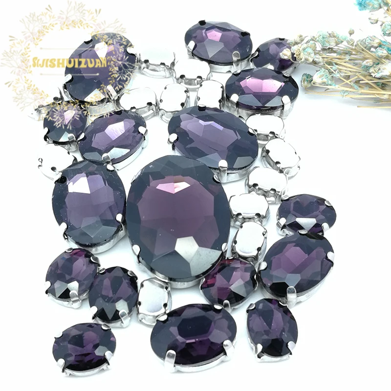 Silver Claw Setting 30pcs/Bag  Deep Purple Oval Shapes Mix Clear Gass Crystal Sew On Rhinestone Wedding Dress Shoes Bag Diy Trim