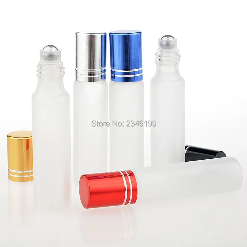 50Pcs/lot 10ML 10CC Frost Glass Roll on Bottle Perfume Aroma Essential Oil Roller Bottle Packing Vials Colorful Cap Steel Bead