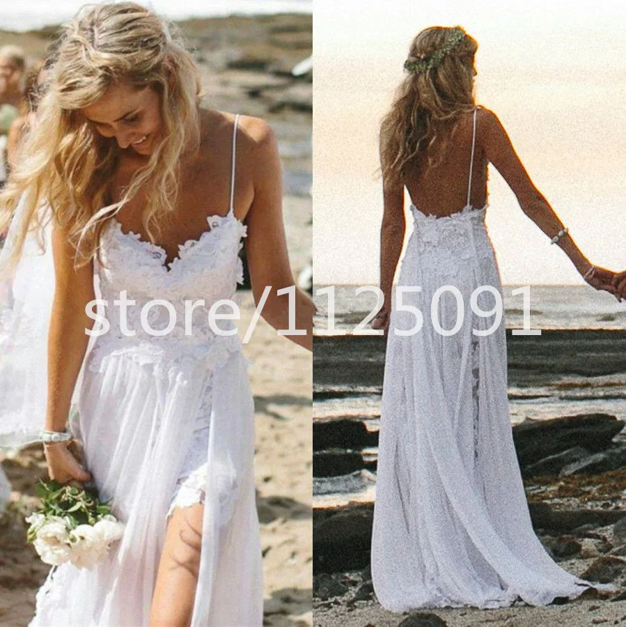 2024 New Vintage Boho White Beach Low Back Wedding Dresses Gowns Chiffon Dreamy Spaghtti Straps Bridal Gowns Vestido de noiva