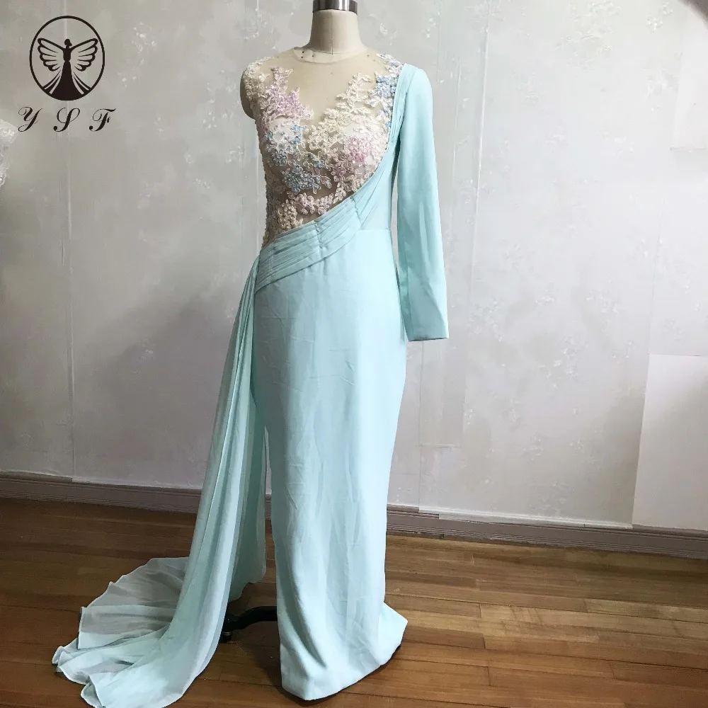 Sexy Prom Dress O Neck Appliqued Beaded Long Sleeve Illussion Pleated Chiffon Vestidos De Formature